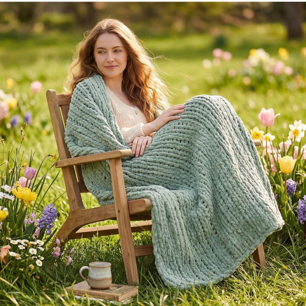 Amélie Home Chunky Knit Throw Blanket Couch, Soft Chenille Crochet Blanket 50x60